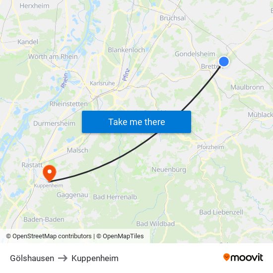 Gölshausen to Kuppenheim map