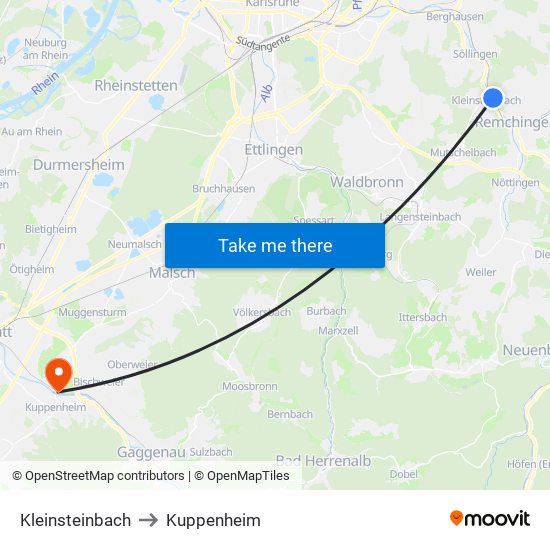 Kleinsteinbach to Kuppenheim map