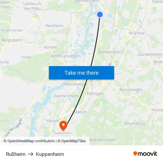 Rußheim to Kuppenheim map