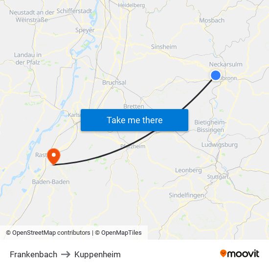 Frankenbach to Kuppenheim map