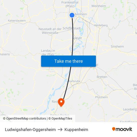 Ludwigshafen-Oggersheim to Kuppenheim map