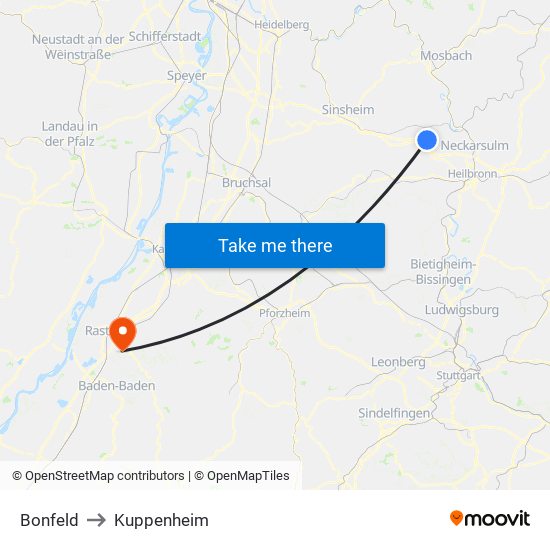 Bonfeld to Kuppenheim map