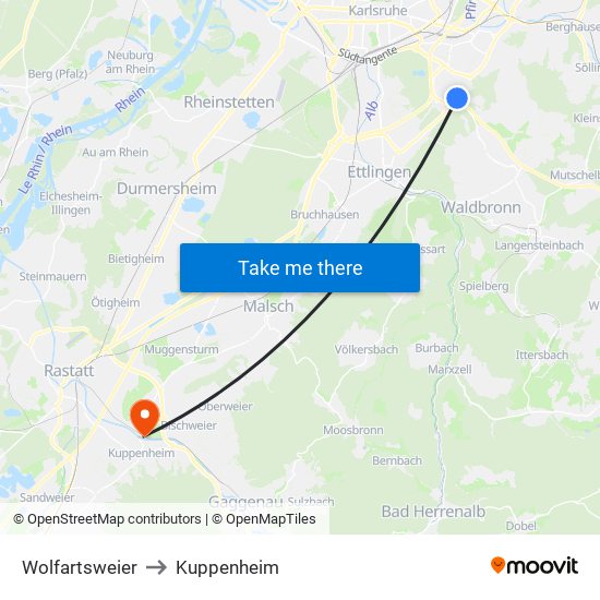 Wolfartsweier to Kuppenheim map