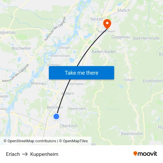Erlach to Kuppenheim map