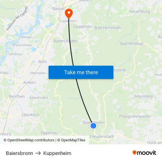 Baiersbronn to Kuppenheim map