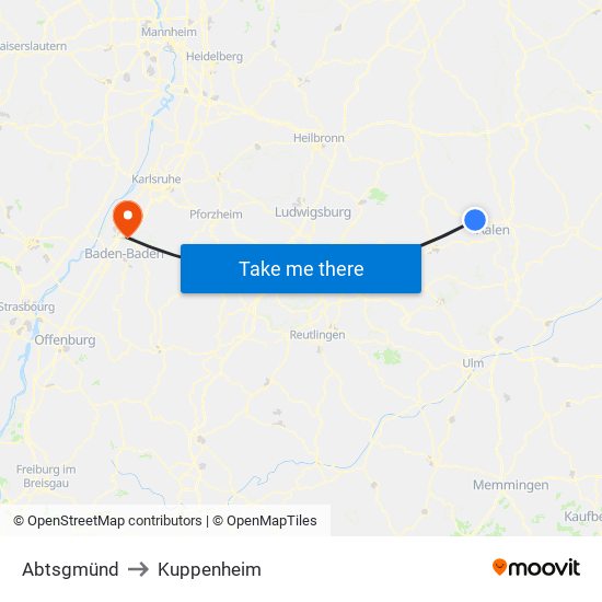 Abtsgmünd to Kuppenheim map