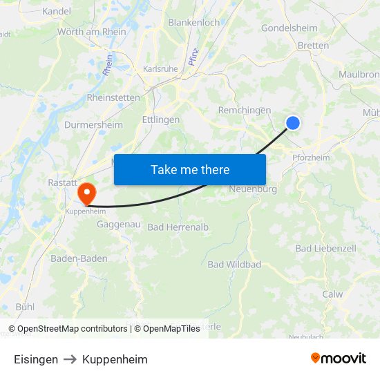 Eisingen to Kuppenheim map