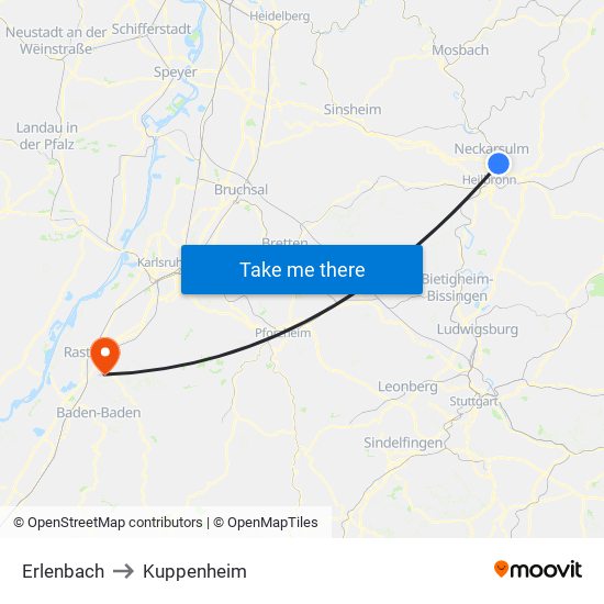 Erlenbach to Kuppenheim map