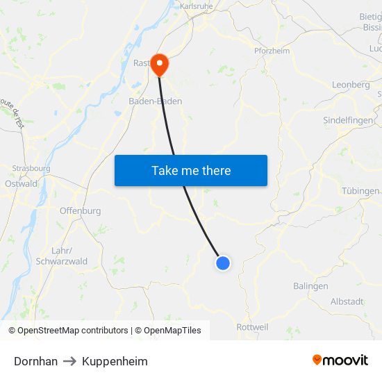 Dornhan to Kuppenheim map