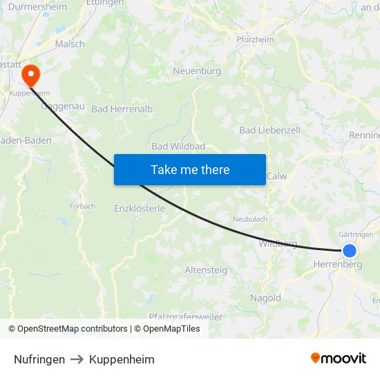 Nufringen to Kuppenheim map