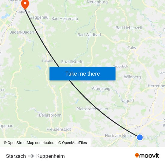 Starzach to Kuppenheim map