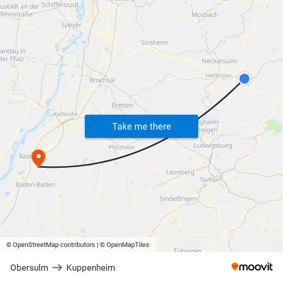 Obersulm to Kuppenheim map
