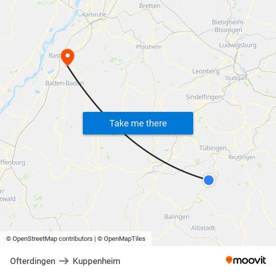 Ofterdingen to Kuppenheim map