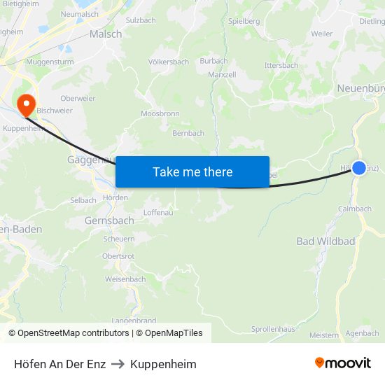 Höfen An Der Enz to Kuppenheim map