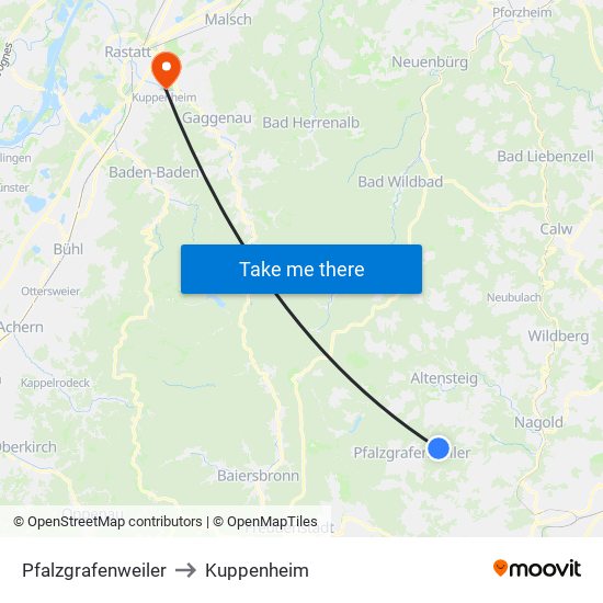 Pfalzgrafenweiler to Kuppenheim map