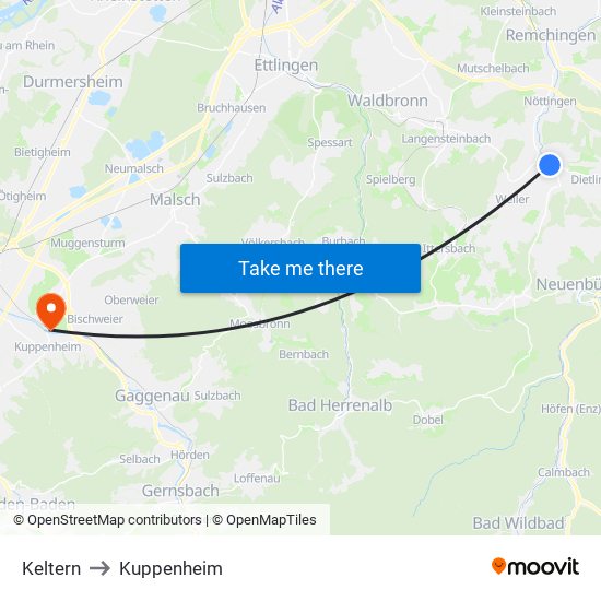 Keltern to Kuppenheim map