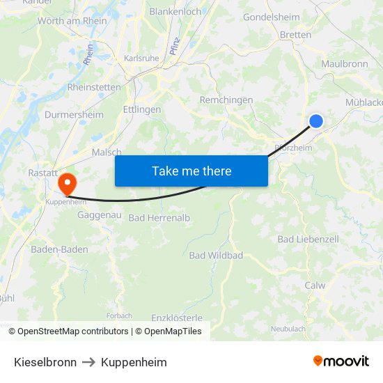 Kieselbronn to Kuppenheim map