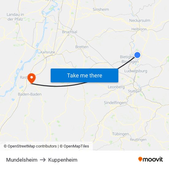 Mundelsheim to Kuppenheim map