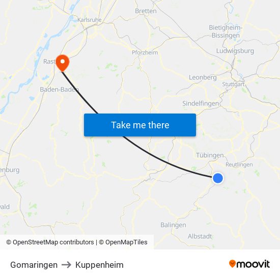 Gomaringen to Kuppenheim map