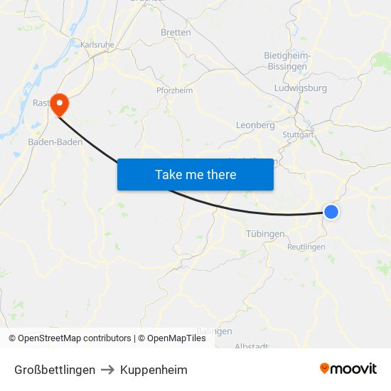 Großbettlingen to Kuppenheim map