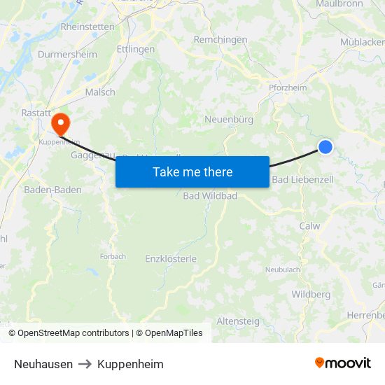 Neuhausen to Kuppenheim map