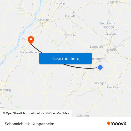 Schönaich to Kuppenheim map
