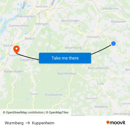 Wurmberg to Kuppenheim map