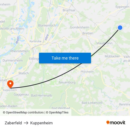 Zaberfeld to Kuppenheim map