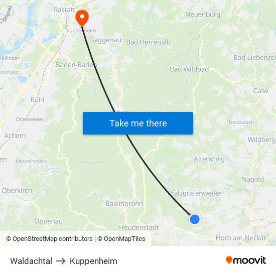 Waldachtal to Kuppenheim map