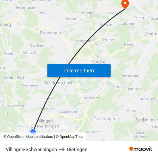 Villingen-Schwenningen to Dietingen map