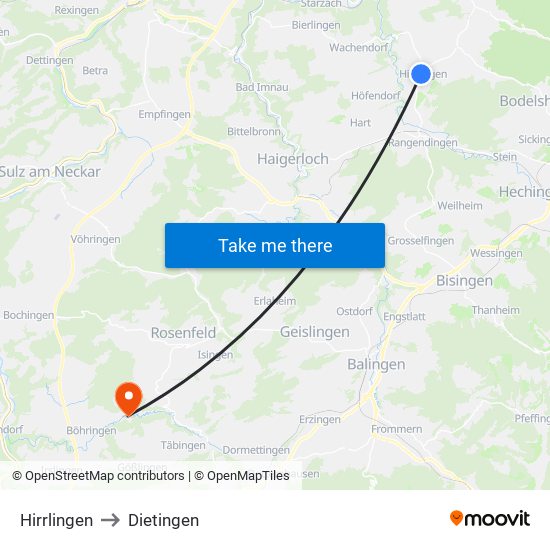 Hirrlingen to Dietingen map