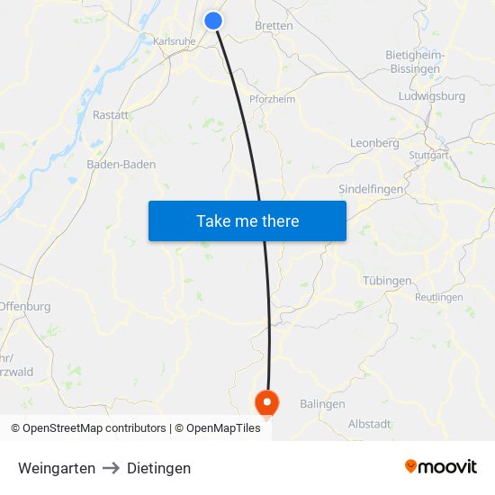 Weingarten to Dietingen map