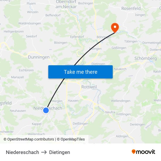 Niedereschach to Dietingen map