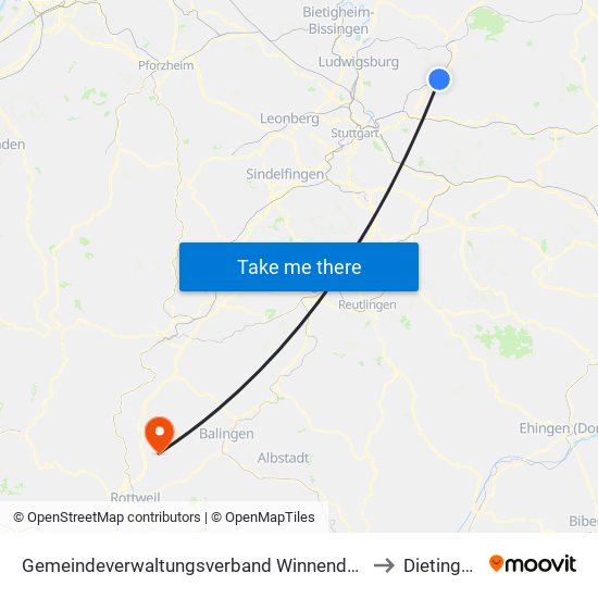 Gemeindeverwaltungsverband Winnenden to Dietingen map