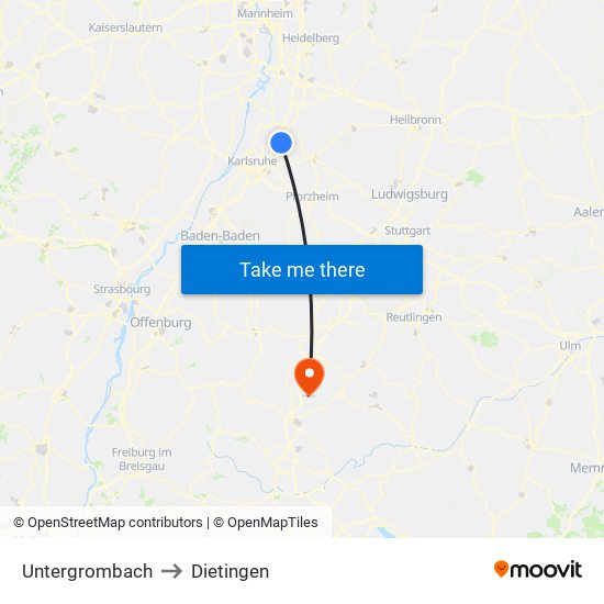 Untergrombach to Dietingen map