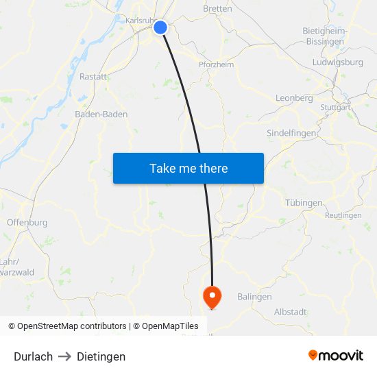 Durlach to Dietingen map