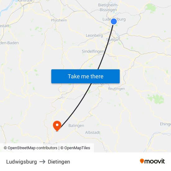 Ludwigsburg to Dietingen map