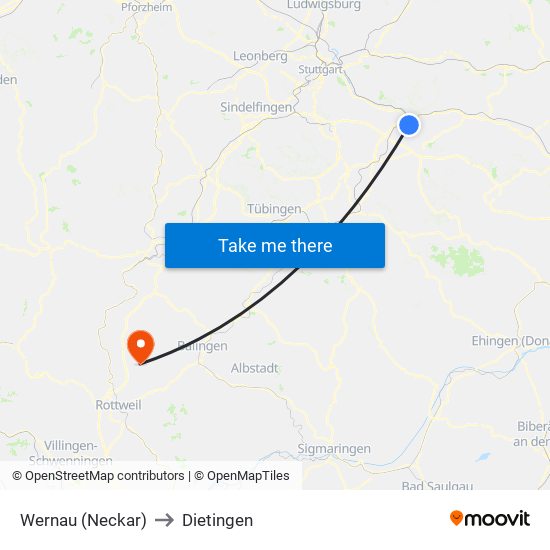 Wernau (Neckar) to Dietingen map