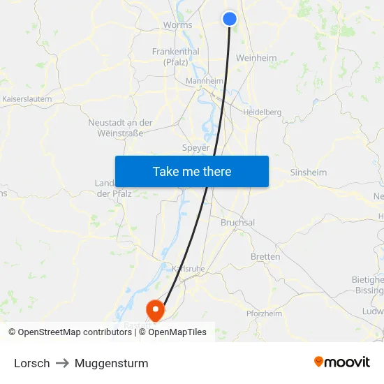 Lorsch to Muggensturm map