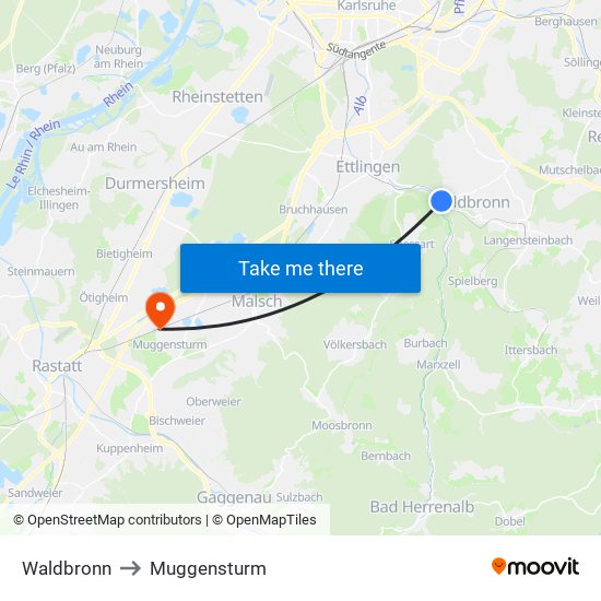Waldbronn to Muggensturm map