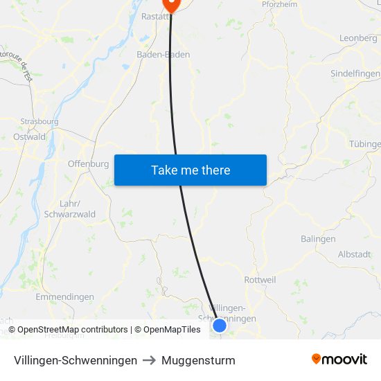 Villingen-Schwenningen to Muggensturm map