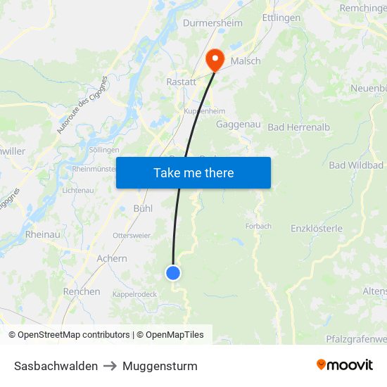 Sasbachwalden to Muggensturm map