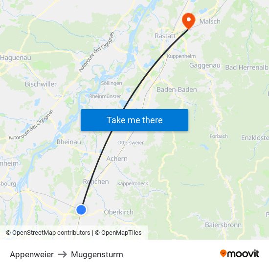 Appenweier to Muggensturm map