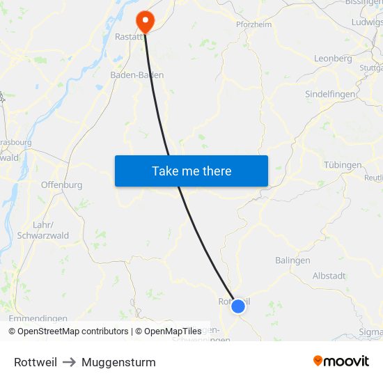 Rottweil to Muggensturm map