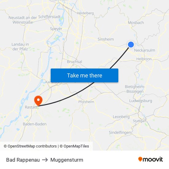 Bad Rappenau to Muggensturm map