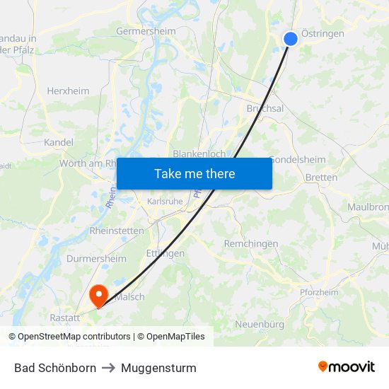 Bad Schönborn to Muggensturm map