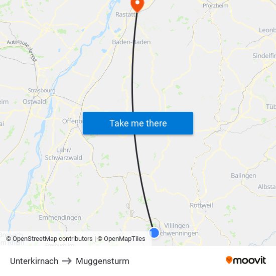 Unterkirnach to Muggensturm map