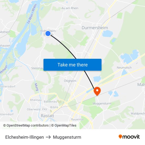 Elchesheim-Illingen to Muggensturm map