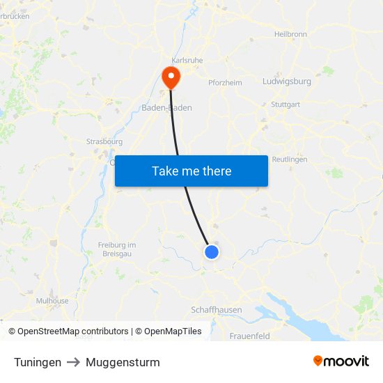 Tuningen to Muggensturm map