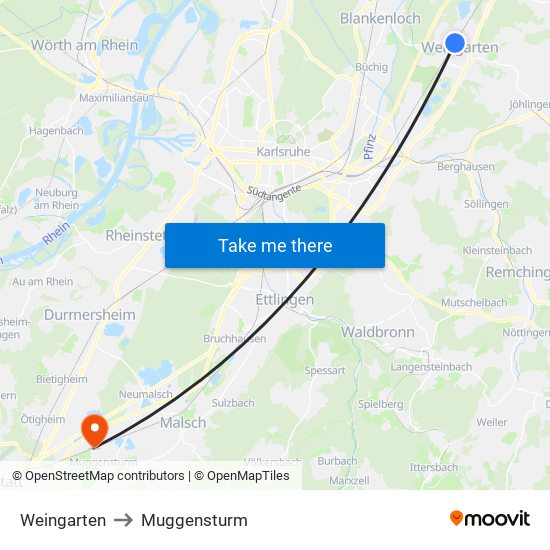 Weingarten to Muggensturm map